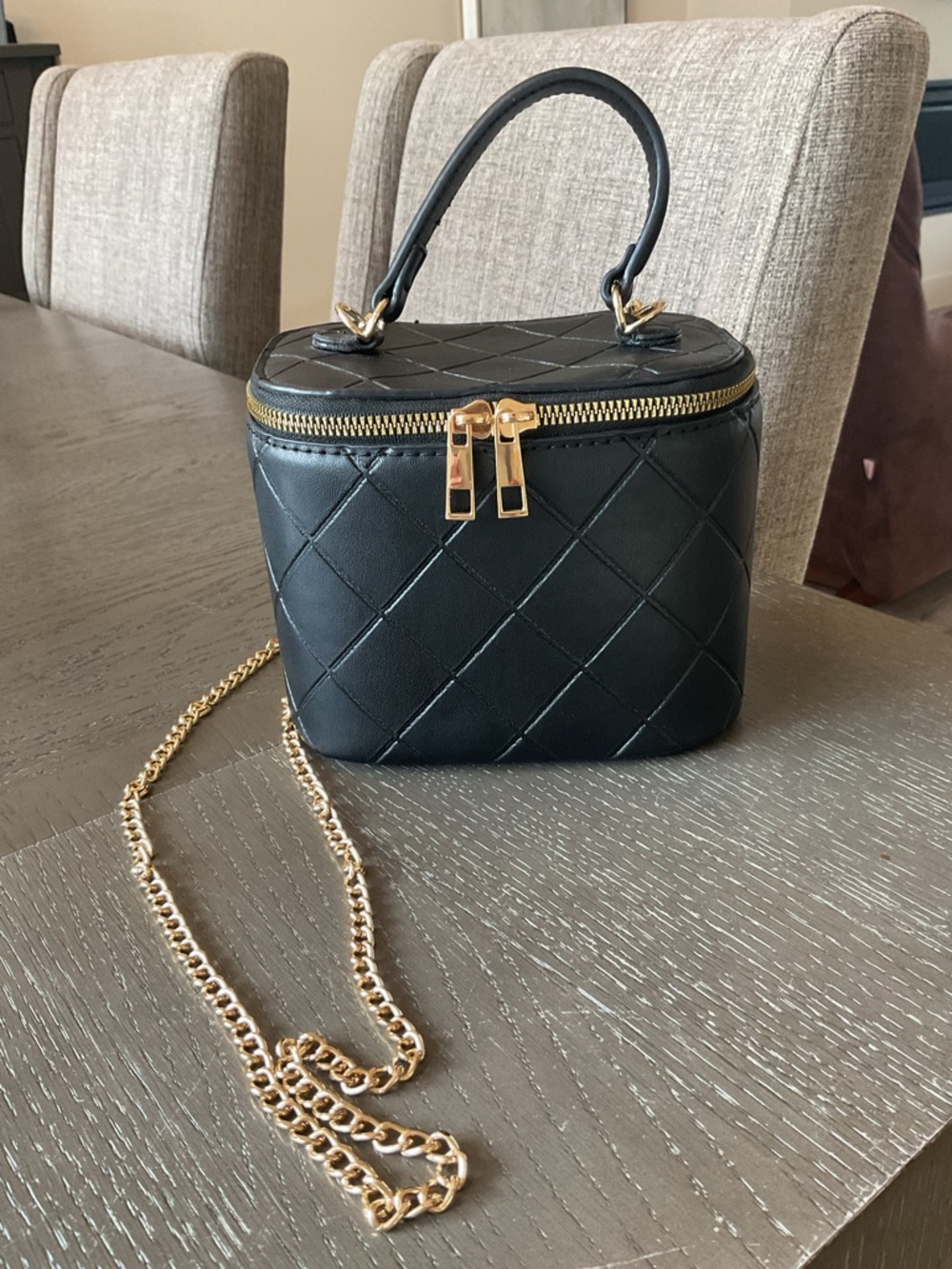 Black Quilted Mini Crossbody Bucket   Bag with Gold Chain Strap